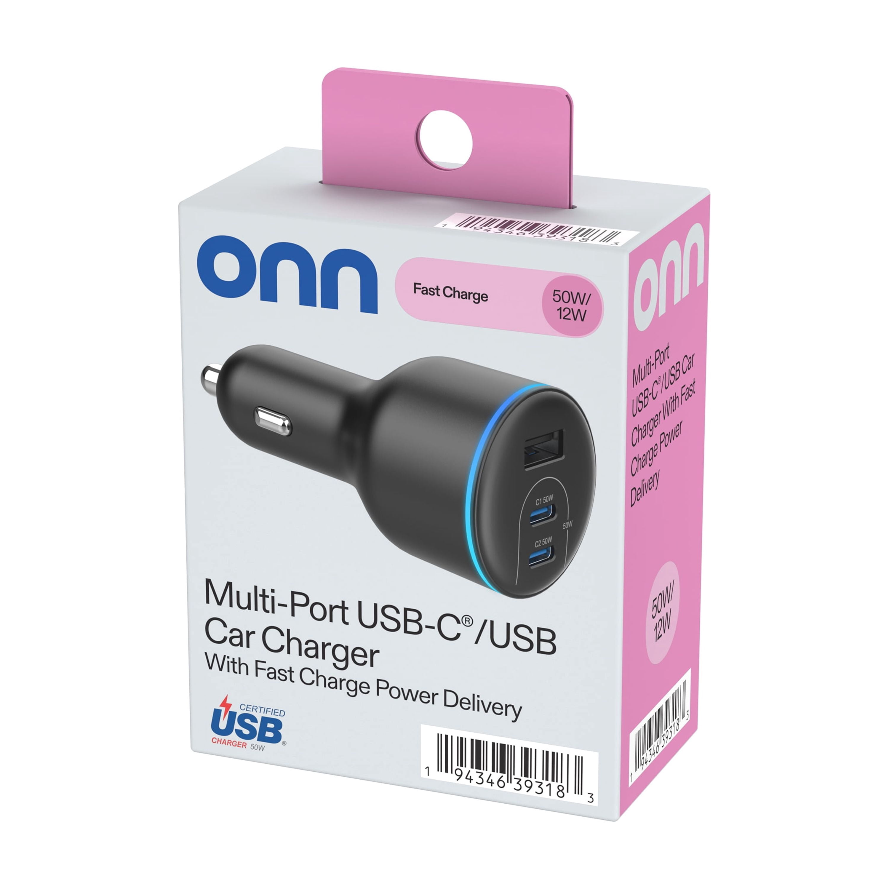 Onn 62W Multi-Port USB-C/USB-A Car Charger, Fast Charging, USB-IF Certified, Foldable Plug, White - Compatible with iPhone, iPad, AirPods, Samsung Galaxy, Note, Pixel & More