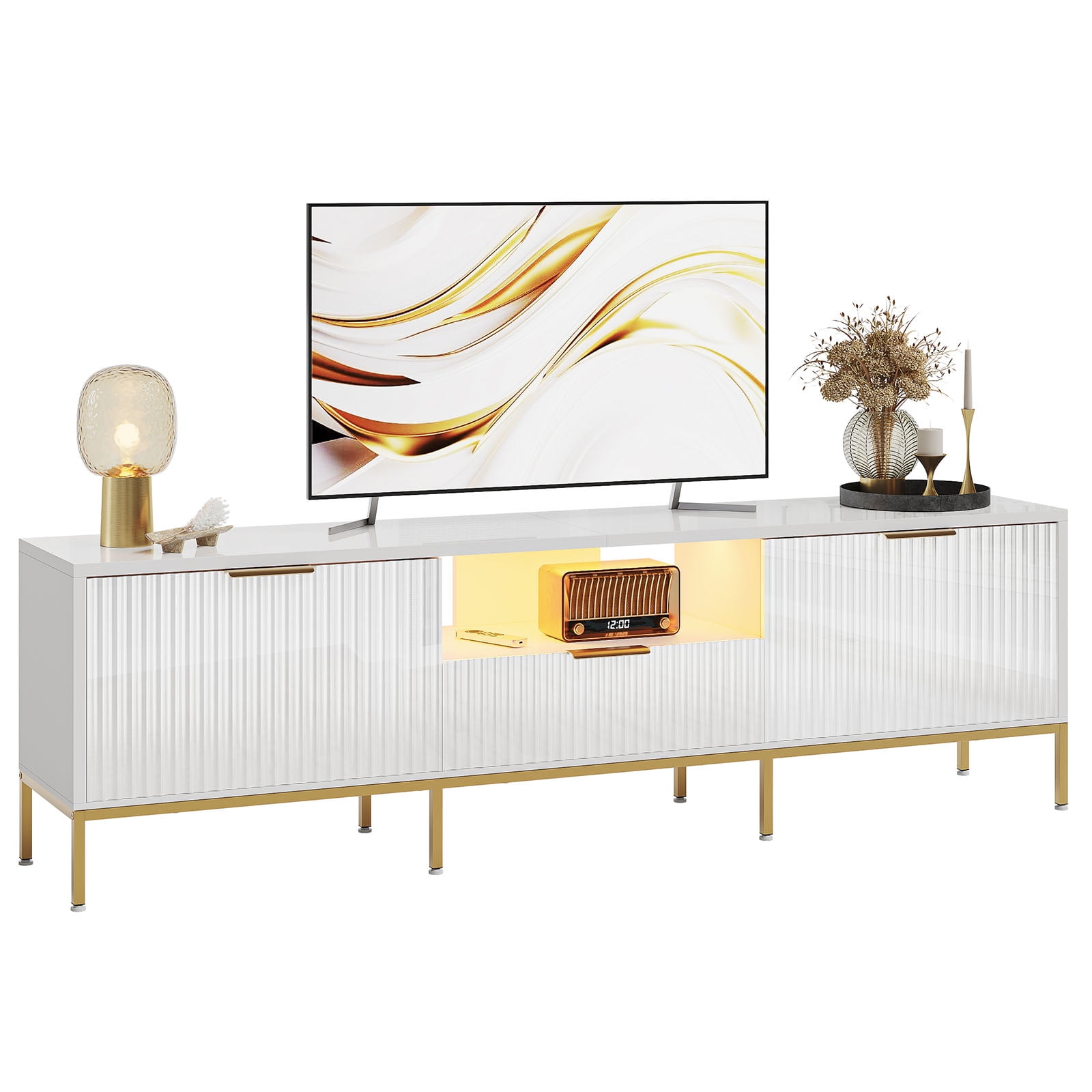 Bestier 70 inch LED TV Stand Modern High Gloss Fluted TV Cabinet Entertainment Center with Drawers for TVs up tp 75 inch, White & Gold