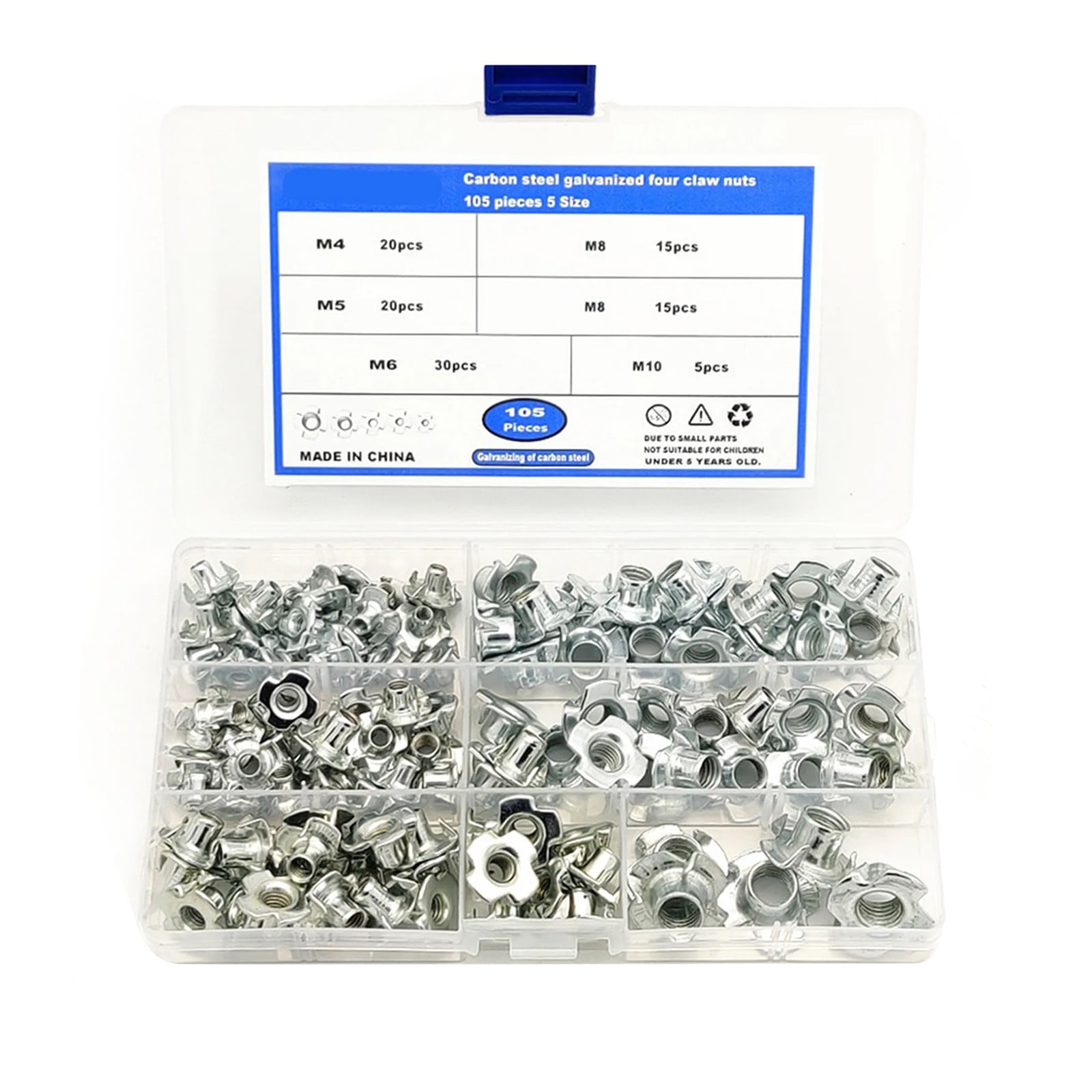 105Pcs T Nut Tee Nut 4 Pronged T-Nut Tee Nut 4 Pronged Blind Nut Stainless Steel