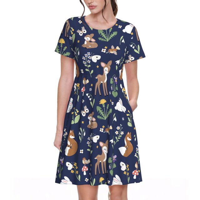 Disketp Animals And Wildflowers para Vestido de Manga Corta para Mujeres, Vestidos de Verano para Mujeres, Casual y Holgado para la Playa