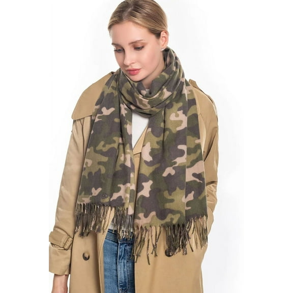 Women's Designer Camouflage Pattern Fringed Scarf Olive S5017