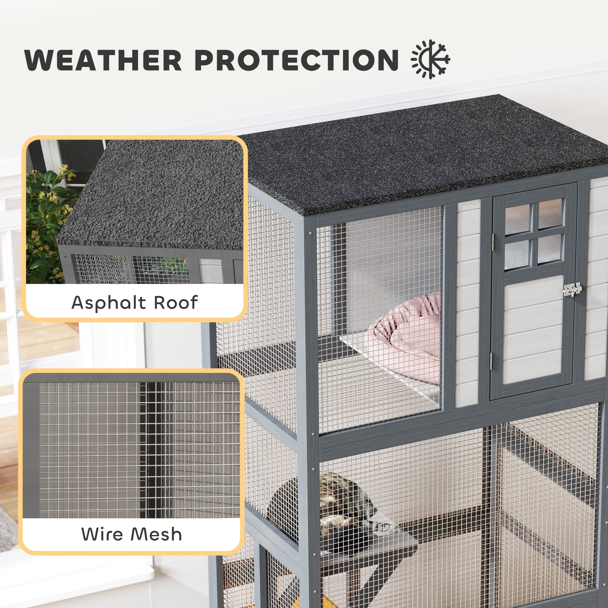 74" Wooden Catio Outdoor Cat House Weatherproof & Wheeled, Outside Cat Enclosure with High Weight Capacity, Kitten Cage Condo, Light Gray