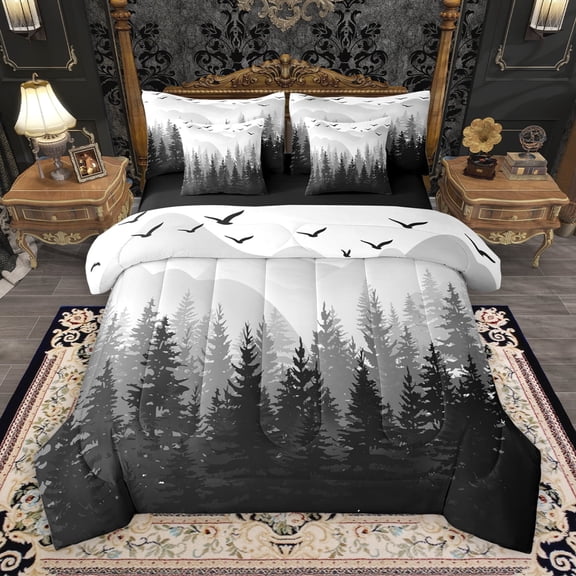 Manfei Tropical Pine Tree 7pcs Bedding Comforter Set,Natural Plant Queen Bedding Sets,Black White Gray Queen Sheet Sets For Adults,Luxury Bedroom Decor Reversible