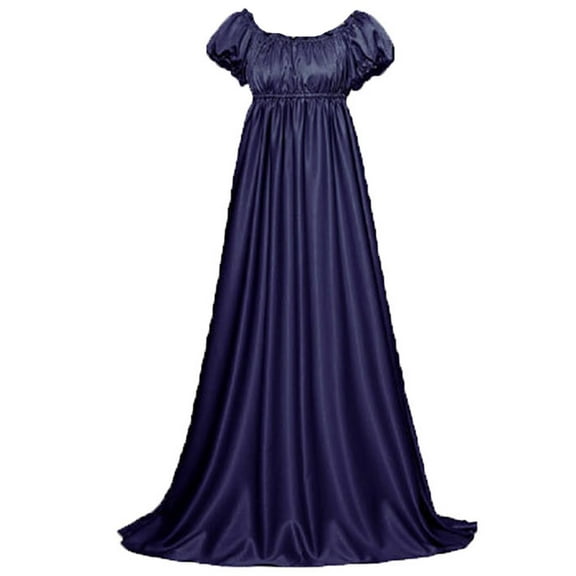 Women Maxi Dresses Crewneck Pleated Dress High Waistline Ruffled Puff Sleeve Court Costume Wedding Party Swing Dress