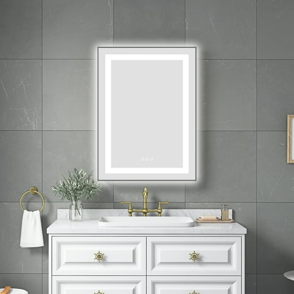Bathroom Mirrors 24 x 32 Inch LED Bathroom Mirror with Front and Backlight, Wall Mounted Vanity Mirror with Aluminum Frame, Anti-Fog, Memory, 3 Colors, Stepless Dimmable,Wall Mounted Bathroom Mirrors