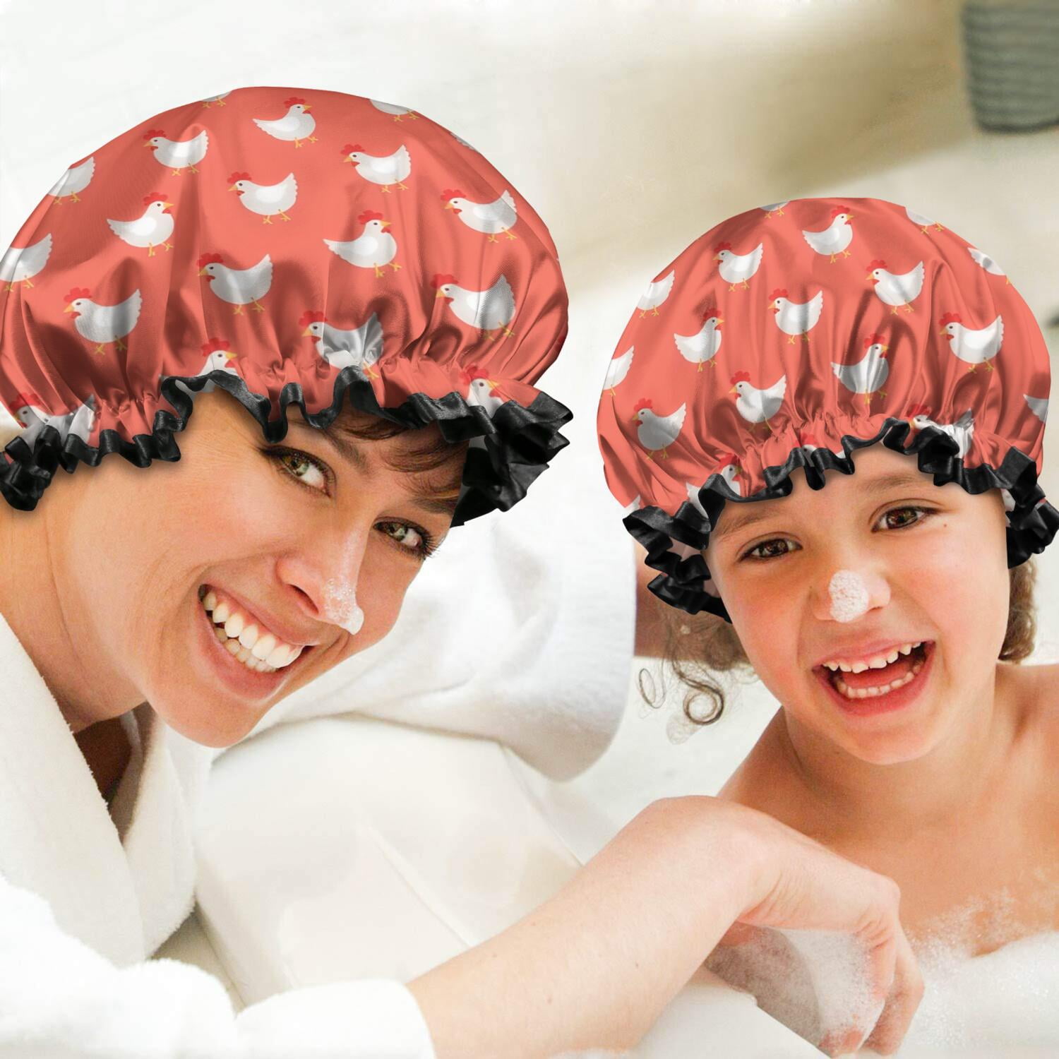 Shower Caps,Red Chicken Pattern Waterproof Shower Cap for Women 4 Pieces,Double Reusable Hair Cover for Shower PEVA Elastic Stretch Hem