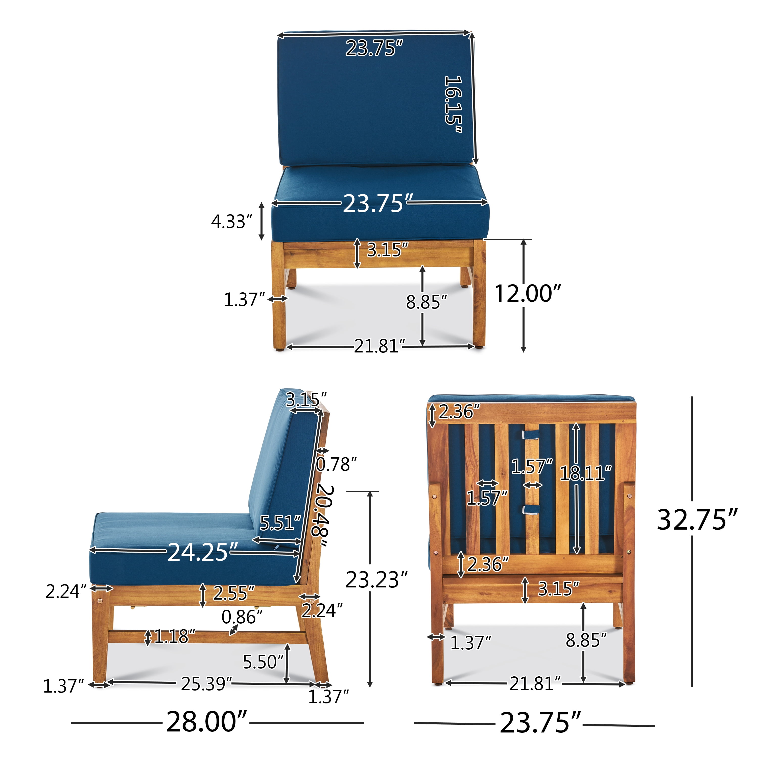 Hermosa Outdoor 5 Piece Chat Set with Cushions (No Coffee Table), Blue, Teak Finish