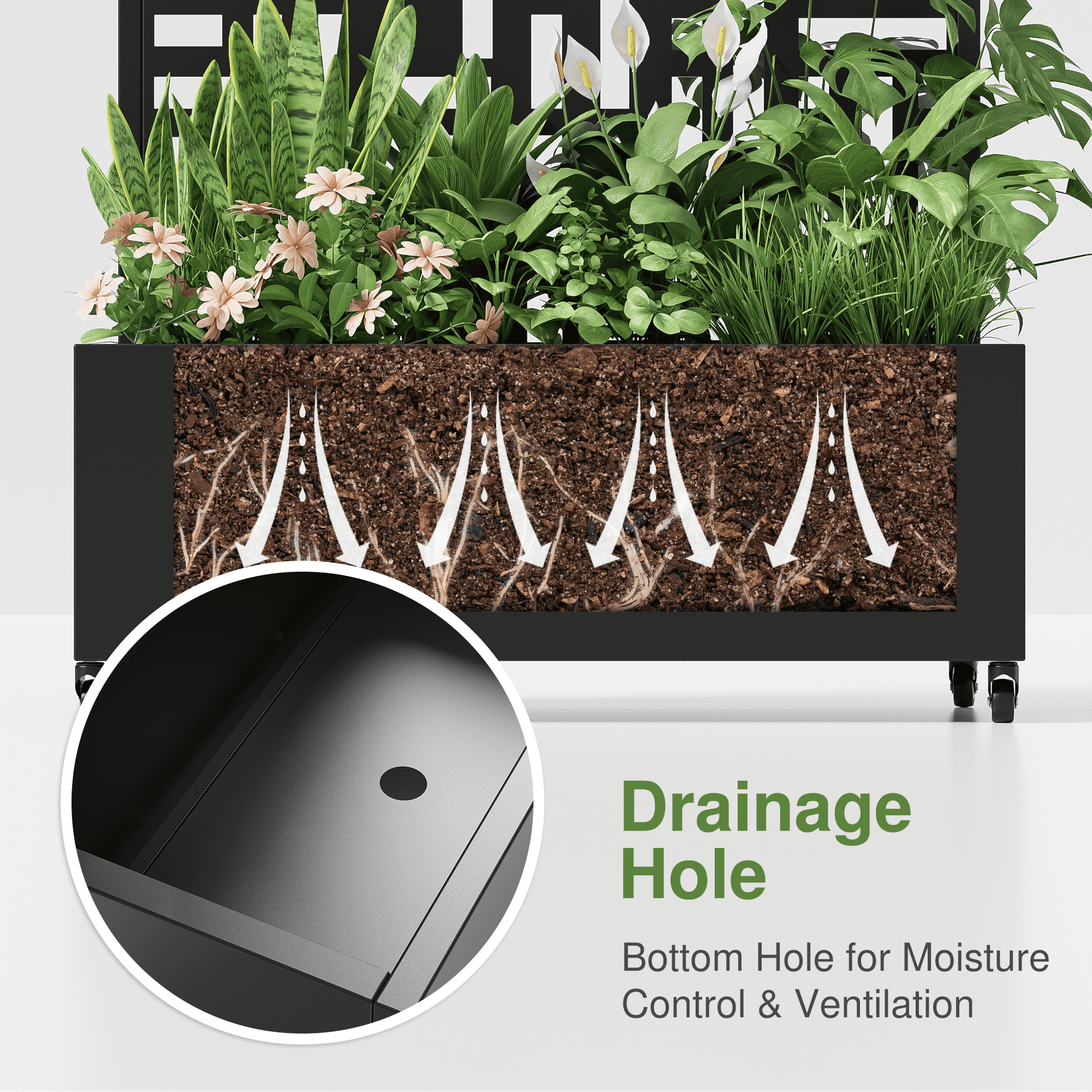 MAYEERTY 35*16*71" Black Metal Planter with Rect Climbing Trellis, Drainage hole & Wheels, Street Pattern