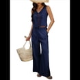 thumbnail image 3 of Conjunto de 2 Piezas para Mujer, Chaleco con Cuello en V y Cintura Anudada, Pantalones Casuales de Pierna , Azul Marino, L, 3 of 9