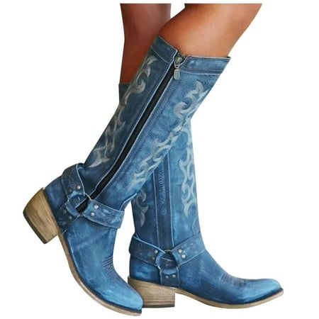 

Boots for Women Cowboy Boots for Women Womens Cowboy Boots Slip On Pointed Toe Chunky Heel Fashion Retro Classic Pull On Tall Boot Knee High Wide Calf Cowgirl Boots with Classic Embroidered