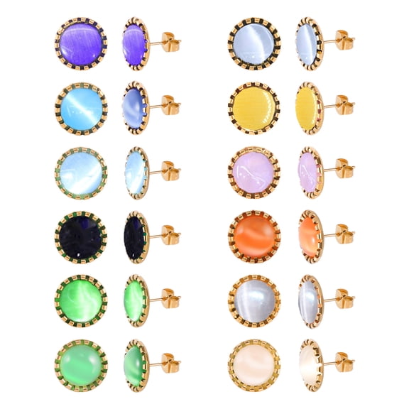 JUSTJANDM 12 Pairs Colored Cat's Eye Gemstone Stud Earrings, 18K Gold Plated Surgical Stainless Steel Multicolor Gem Stone Stud Earrings Set for Women