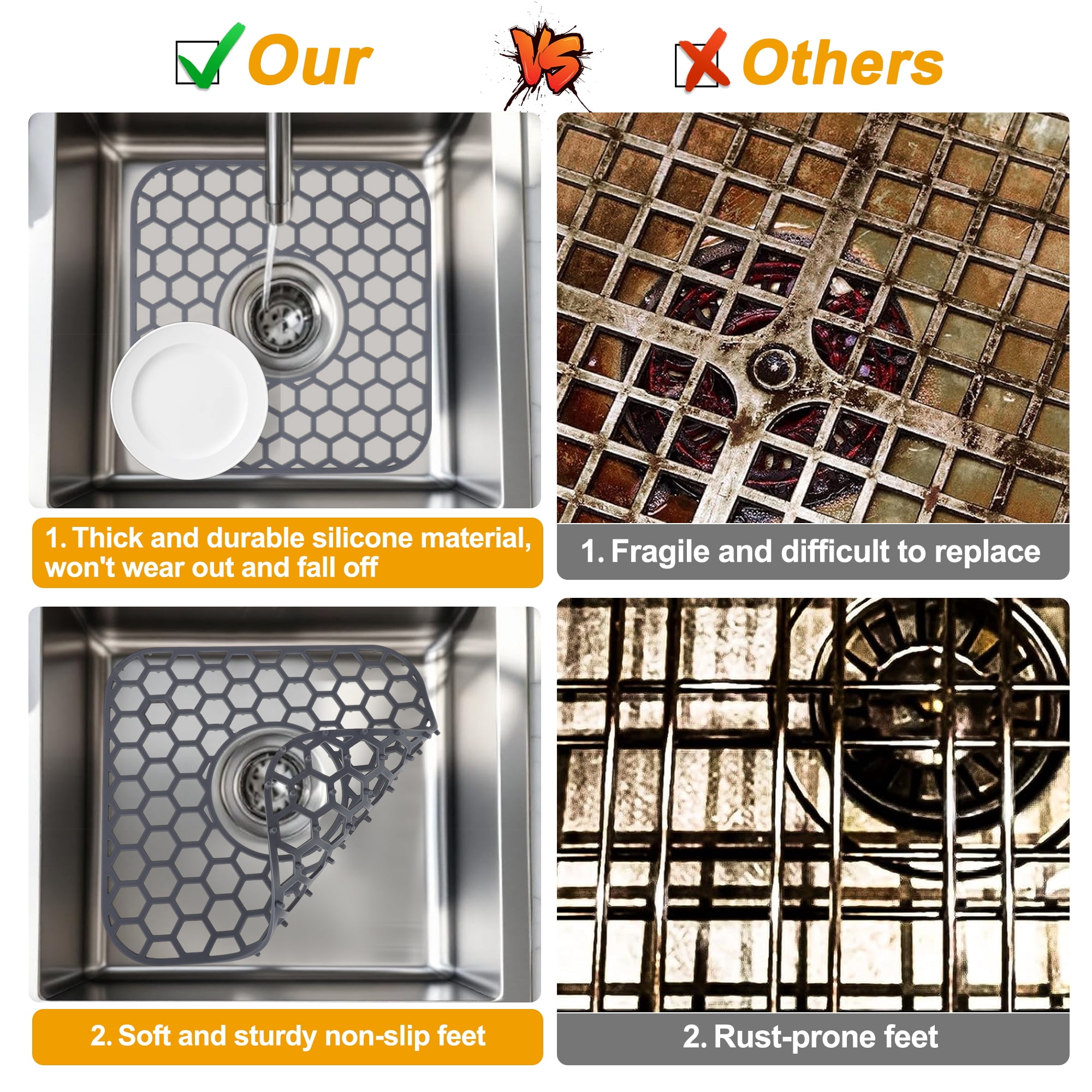 Unique Bargains 2pcs Sink Protectors for Kitchen Sink 12.4"x 11.5" Non-Slip Sink Mats Heat-Resistant to 500°F Sink Grid for Stainless Steel Sinks Dishwasher Safe Gray