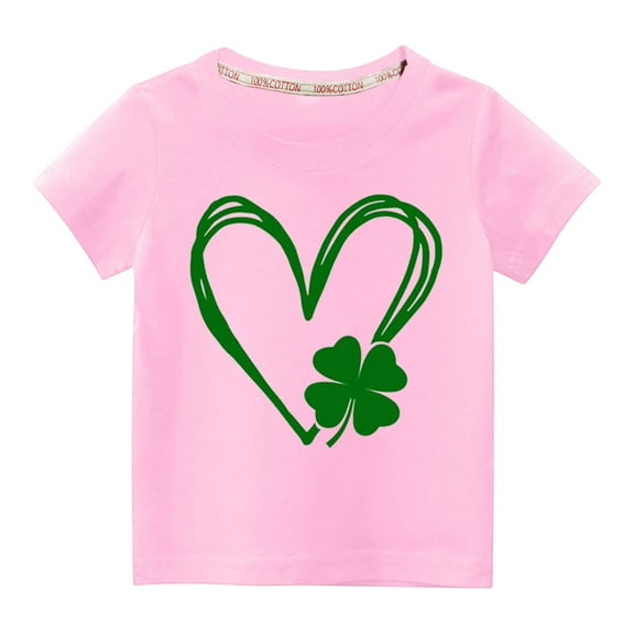 Lilgiuy Kids St. Patricks Day Shirt Girls Boys Cute Shamrock Heart Print Solid Color Short Sleeve T-Shirt Toddler Summer Saint Patricks Day Outfits for Pohoto Shoots (Pink)