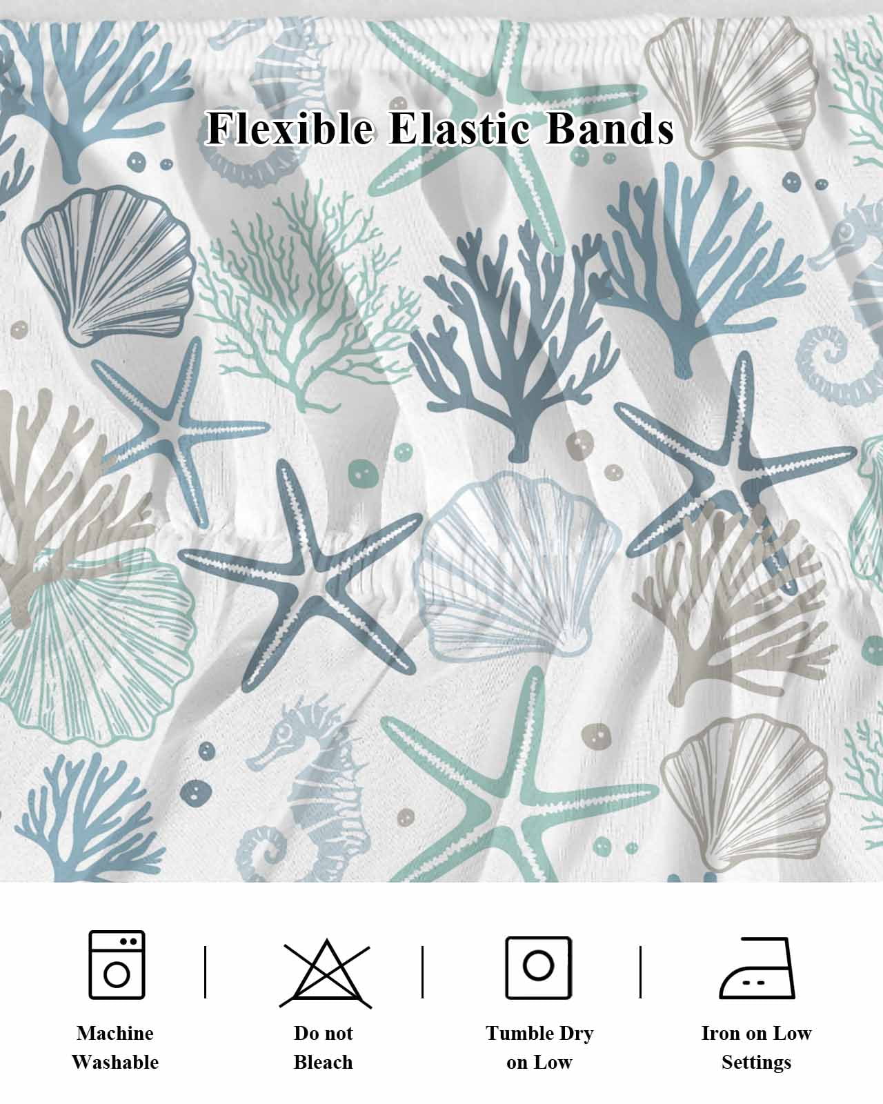 Aqua Teal Coastal Bed Skirt Cal King Size, Summer Beach Starfish Coral Nautical Wrap Around Bed Skirting with Adjustable Elastic Strap, Dust Ruffled Pleated Bedskirts 16 Inch Drop for Bedroom Beds