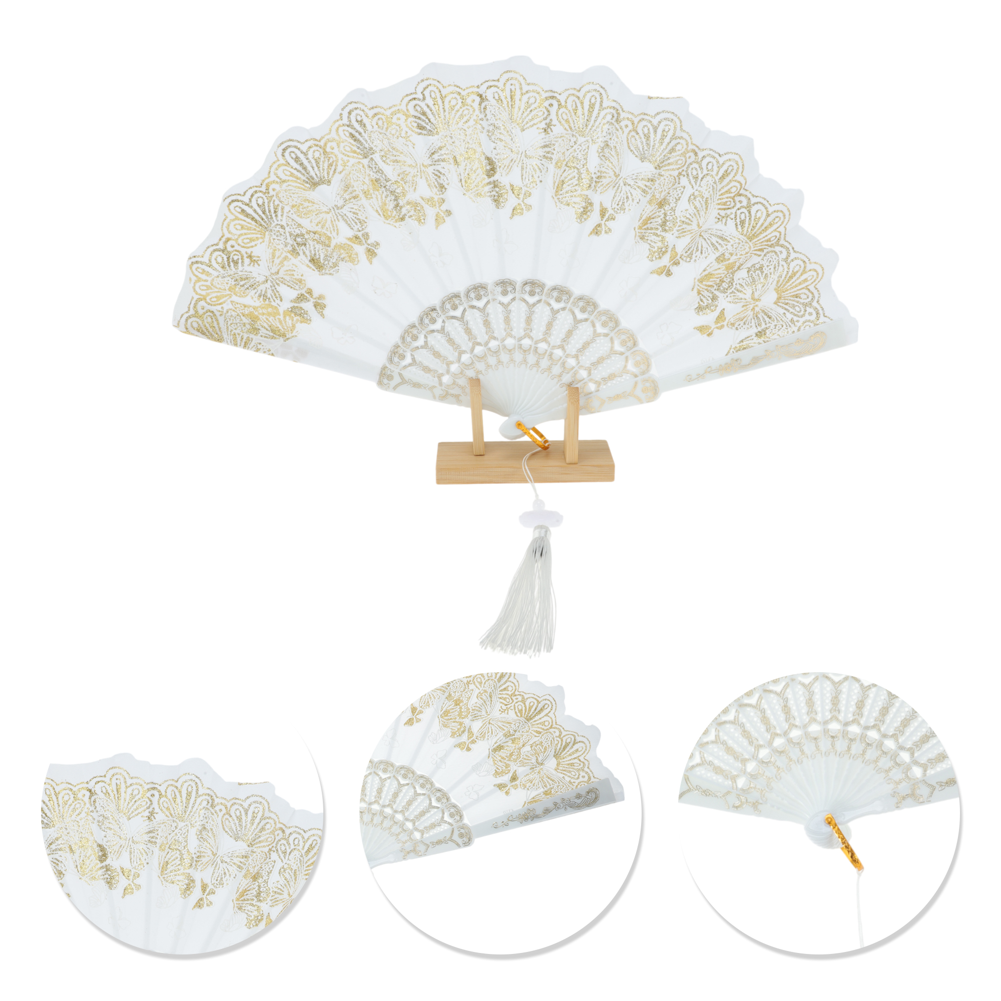Unique Bargains Elegant Butterfly With Tassel Folding Fan 1PC White