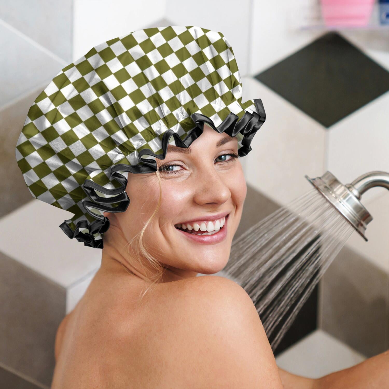Shower Caps,Olive Green and White Checkerboard Pattern Waterproof Shower Cap for Women 4 Pieces,Double Reusable Hair Cover for Shower PEVA Elastic Stretch Hem