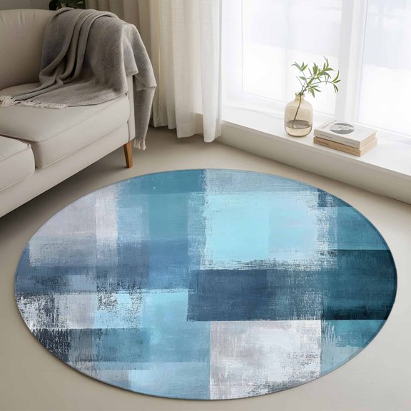 Teal Blue Round Area Rug 4 FT, Non Slip Indoor Outdoor Rug, Modern Oil Painting Abstract Ombre Geometric Washable Soft Circular Carpet Non-Shedding Floor Mat for Coffee Table Nursery Foyer Balcony