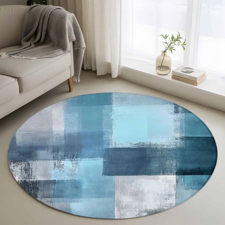 Teal Blue Round Area Rug 4 FT Non Slip Indoor Outdoor Rug Modern Oil Painting Abstract Ombre Geometric Washable Soft Circular Carpet Non-Shedding Floor Mat for Coffee Table Nursery Foyer Balcony