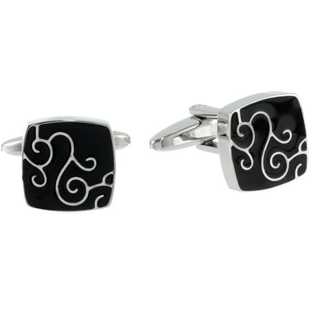 Stainless Steel Cufflinks Black IP Accent and Filigree Design