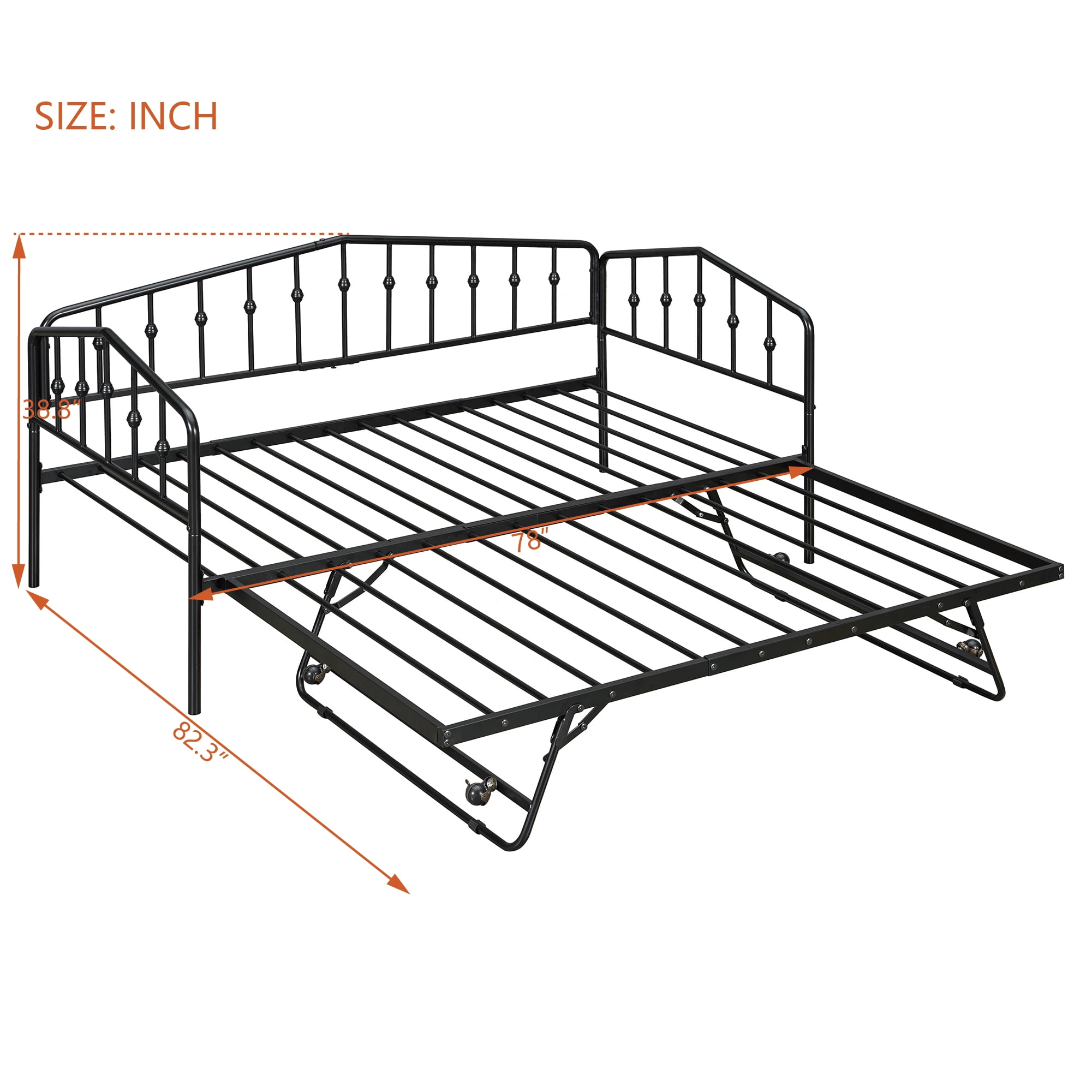 GARITIN Twin Size Metal Daybed with Adjustable Trundle, Portable Folding Trundle Bed Frame for Guest Room, Black