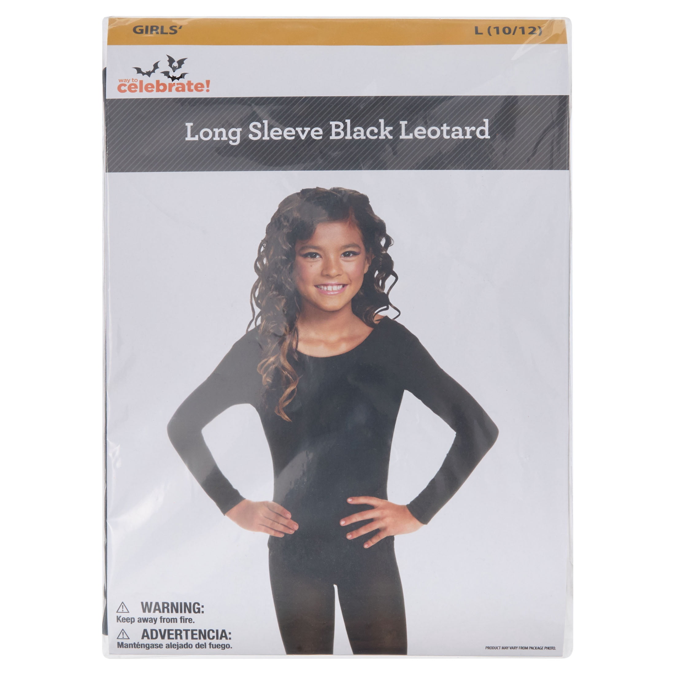 Long Sleeve Leotard Costume Accessory for Children, Black, L (10/12), Halloween by Way To Celebrate