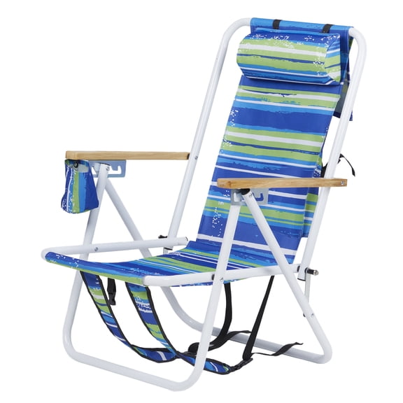Folding Beach Chair with Backpack Straps, 4-Position Adjustable, Headrest, Wooden Armrests, Cup Holder, 265 lbs Capacity, for Beach, Camping, Blue & Green Stripes