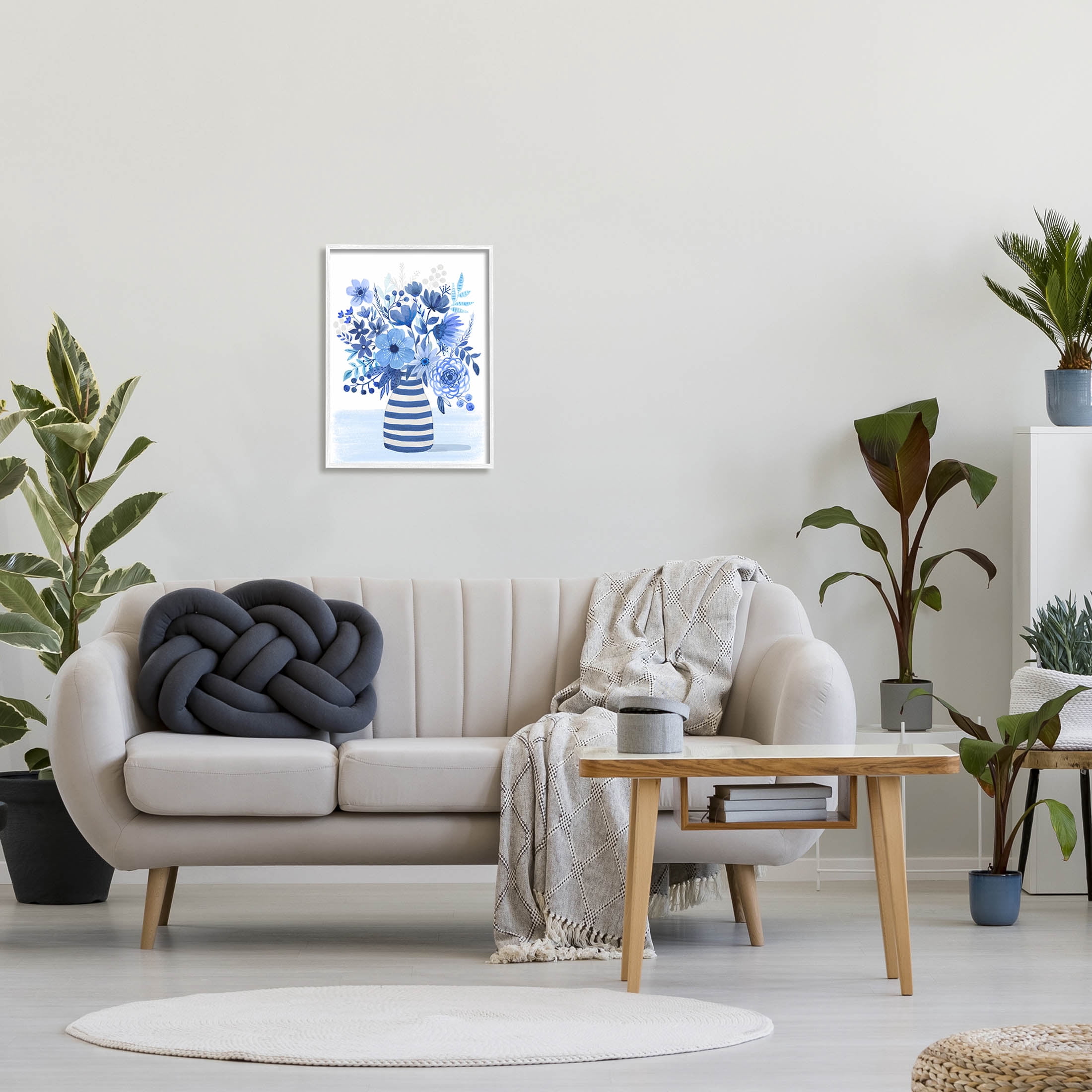 Blue Mixed Flower Bouquet Botanical & Floral Graphic Art White Framed Art Print Wall Art