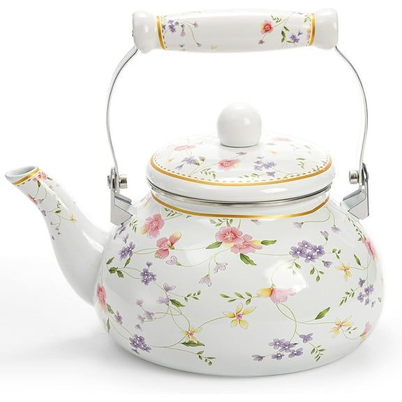 Zeprnir Vintage Enamel Tea Kettle, 2.6 Quart Floral Enamel on Steel Water Kettle Teapot with Porcelain Handle for Stovetop, Home Kitchen Decor, Christmas New Year Housewarming Wedding Gift for Friend