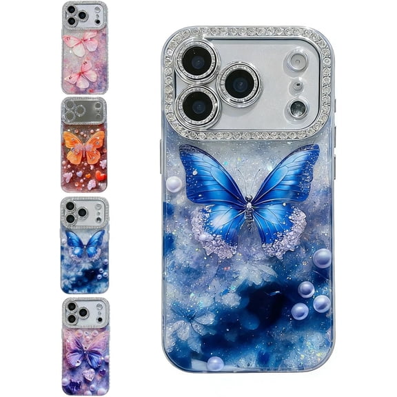 Chiirry Orange Butterfly Glitter Clear Phone Case for iPhone, Full-Coverage Drop Protection, Soft Bumper Shockproof Protective Case with Luxury Rhinestones Lens Protector(Blue,for iphone17)