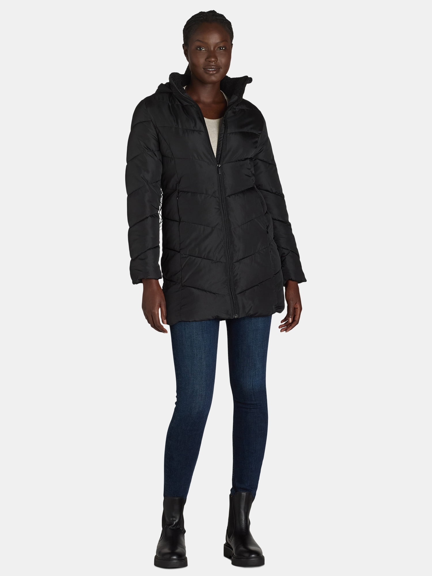 Big Chill Women's and Women's Plus Chevron Quilted Puffer Jacket with Hood, Sizes S-3X