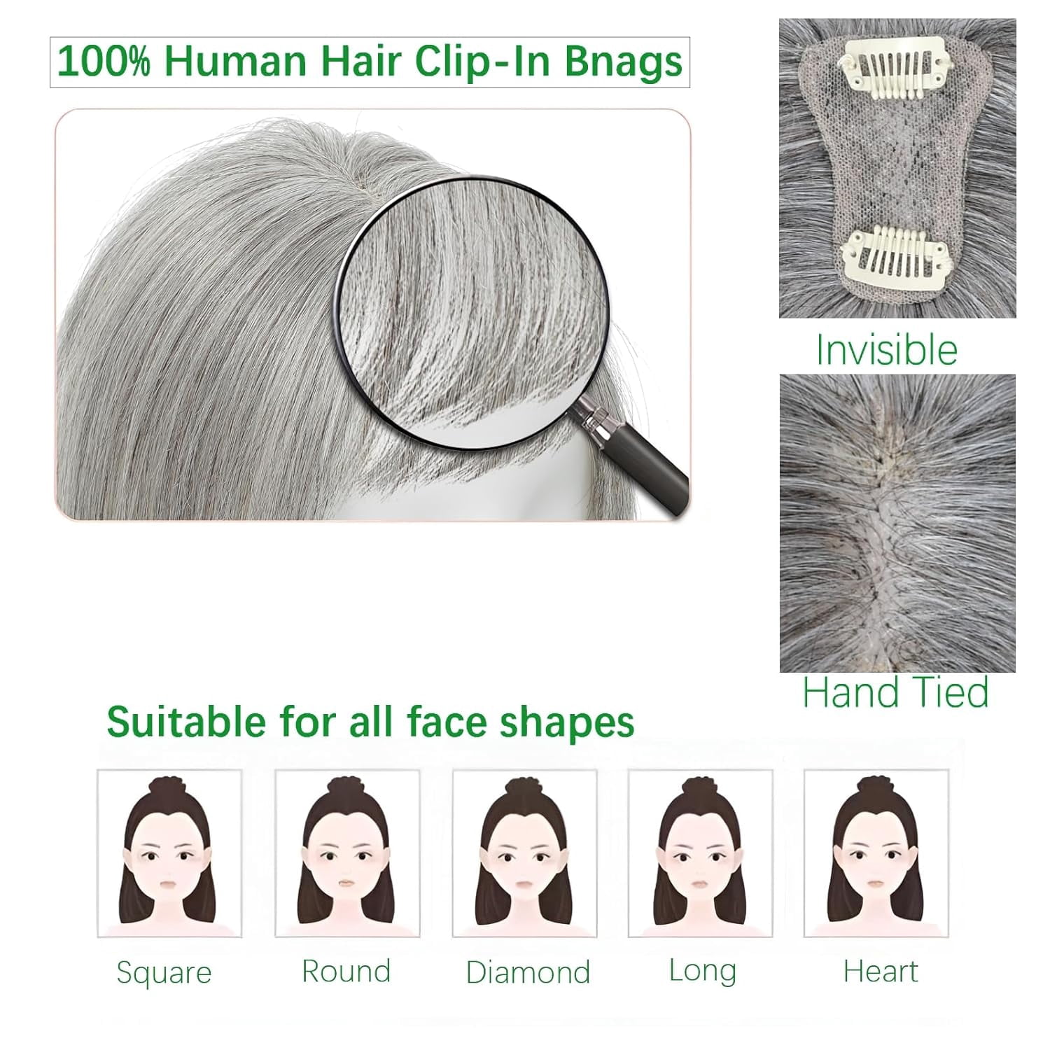 Bangs Hair Clip, Clip in Bangs Hair Toppers for Women 100% Real Human Hair, Clip on Bangs 360° 3D Cover Wispy Fake Clip in Hair Extensions for Women Daily (Grey, 3D 5 * 7 Wipsy Bangs)