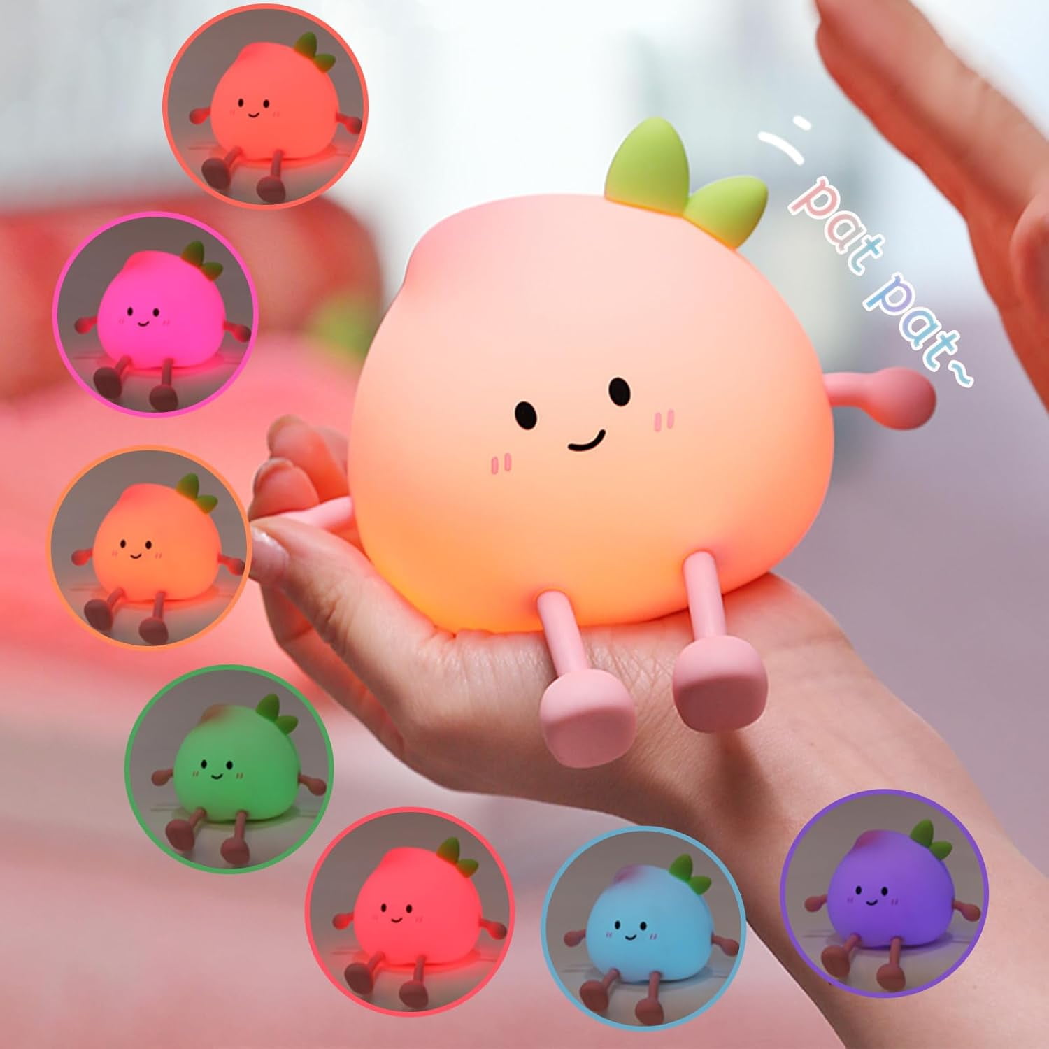 Night Light for Kids, Cute Peach Soft Silicone Nursery Light with 7 Colors & 3 Levels Adjustable Warm Light, Rechargeable Touch Control Pat Light, Bedside Baby Night Light Gift for Kids (Multicolour)