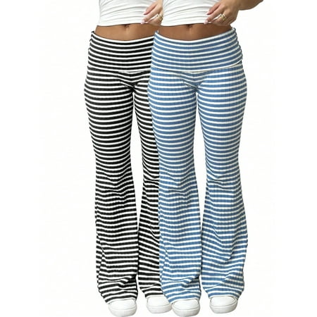 2‑Pack Women&rsquo;s High‑Waisted Striped Flared Pants &ndash; Ribbed Elastic Waist Straight‑Leg Casual Sports Trousers