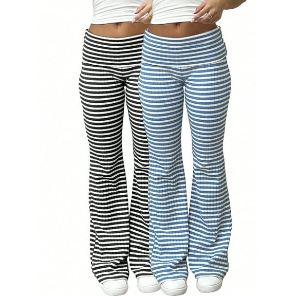 2‑Pack Women’s High‑Waisted Striped Flared Pants – Ribbed, Elastic Waist, Straight‑Leg Casual Sports Trousers