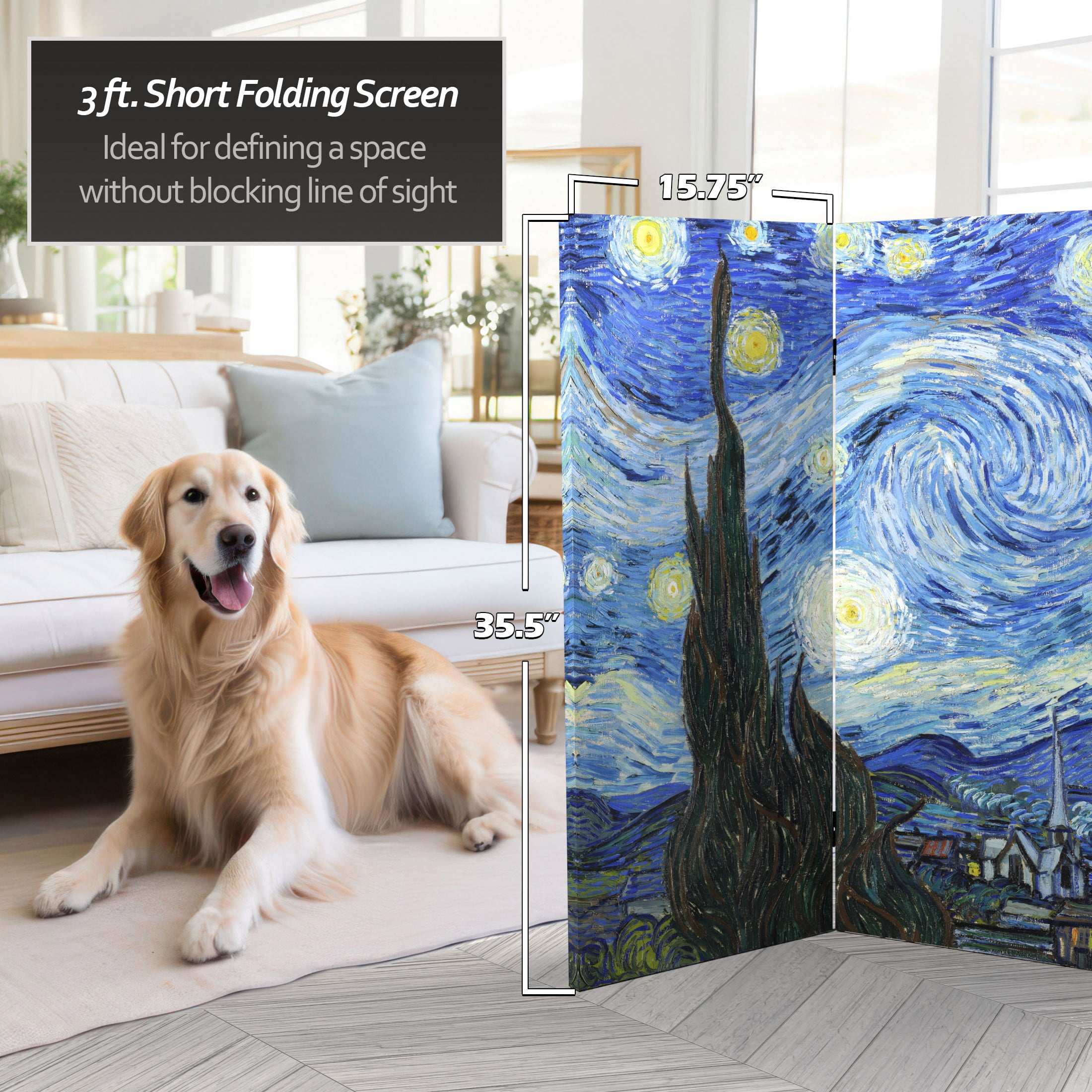 3 ft. Short Double Sided Works of Van Gogh Canvas Folding Screen - Starry Night/Sunflowers