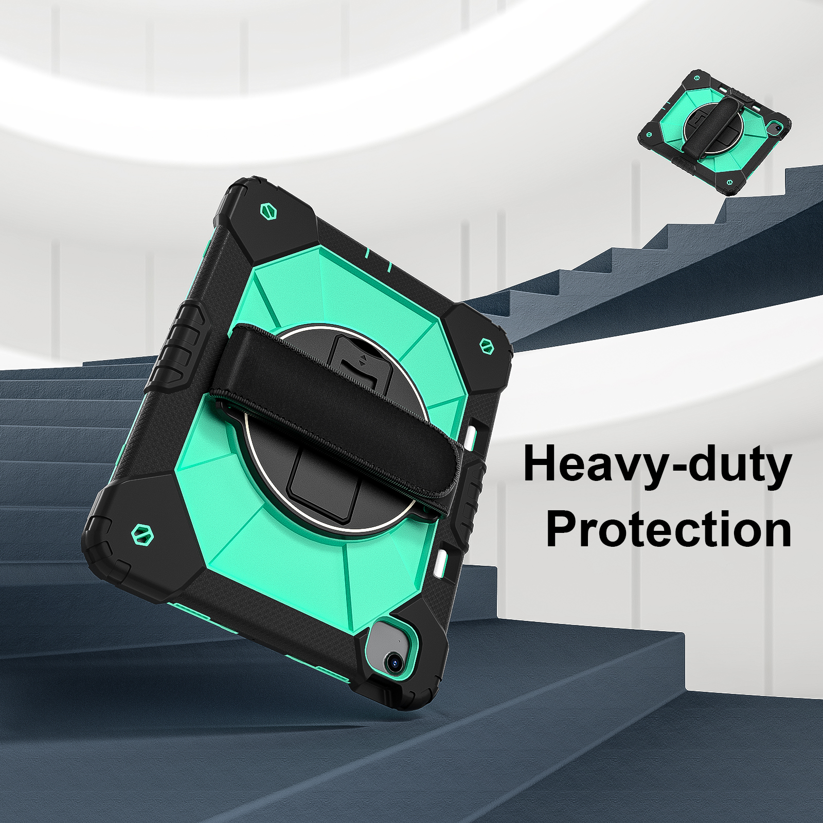 Dteck Case for iPad Air 13 inch 2025/2024 (M3/M2) with Pencil Holder, Shockproof Silicone + PC 3 Layer Protection Case Heavy Duty 360° Rotating Hand Strap Kickstand Cover,Black+Mint