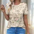 thumbnail image 3 of JTZGDY Womens T Shirts Short Sleeve Tops Boho Floral Printed Casual Pleated Front Tunic Blouses Flowy Dressy Crew Neck Summer Outfits Khaki#02 XL, 3 of 7