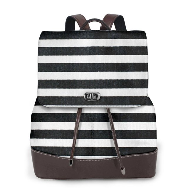 Easygdp Black And White Stripes Mochila de Cuero para Mujeres, Bolso de Hombro, Bolsos de Mano de Moda para Trabajo y Viajes