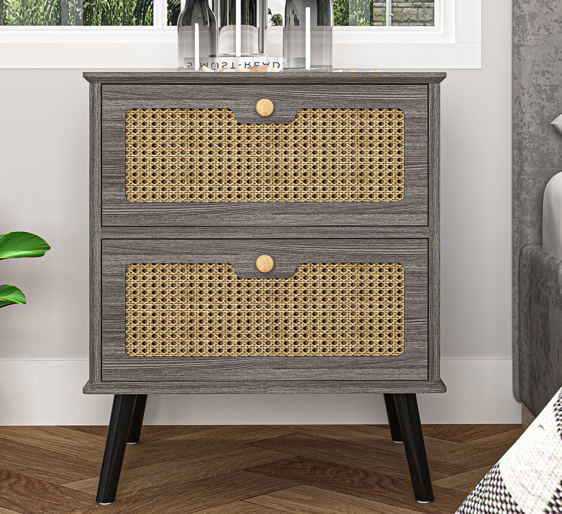 Canddidliike Rattan Nightstand, End Table with 2 Rattan Decorated Drawers and Solid Wood Legs, Wood Accent Table with Storage for Bedroom, Living Room, Gray Canddidliike Rattan Nightstand, End Table with 2 Rattan Decorated Drawers and Solid Wood Legs, Wood Accent Table with Storage for Bedroom, Living Room, Gray