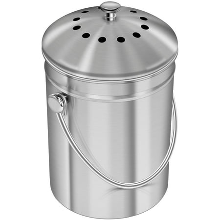 High Supply Stainless Steel Compost Bin for Kitchen Countertop - 1.3 Gallon Compost Bucket Kitchen Pail Compost with Lid - Includes 1 Spare Charcoal