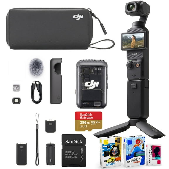 DJI Osmo Pocket 3 Creator Combo Bundle with Clip-On Transmitter/Recorder, Wide Angle Lens, Battery Handle, Mini Tripod, Carrying Bag   256GB Micro SD Card, Photo/Video Editor Software Package