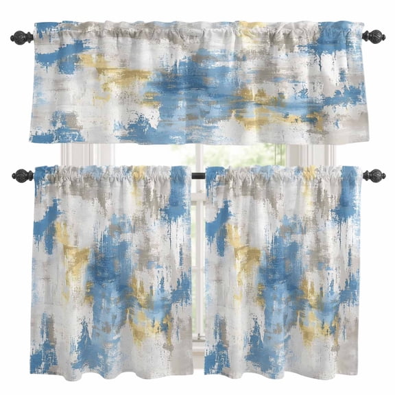 Blue Gray Ombre Kitchen Curtains Sets for Windows 24 Inch Length, Vintage Abstract Art Oil Painting Rod Pocket Window Treatments Tier Curtains and Valances Set for Bedroom/Bathroom