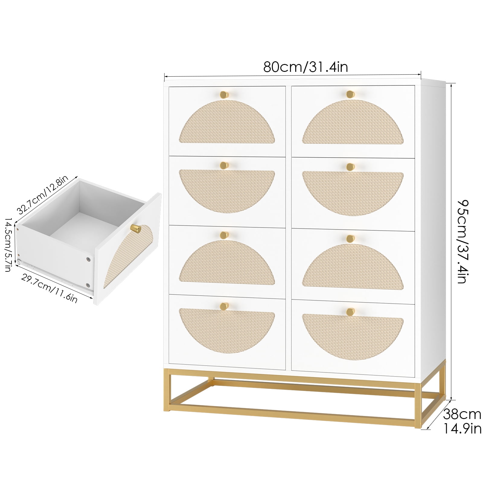 Homfa 8 Drawer Rattan Double Dresser, Wood Wicker Chest of Drawers Storage Cabinet with Gold Metal Frame, White