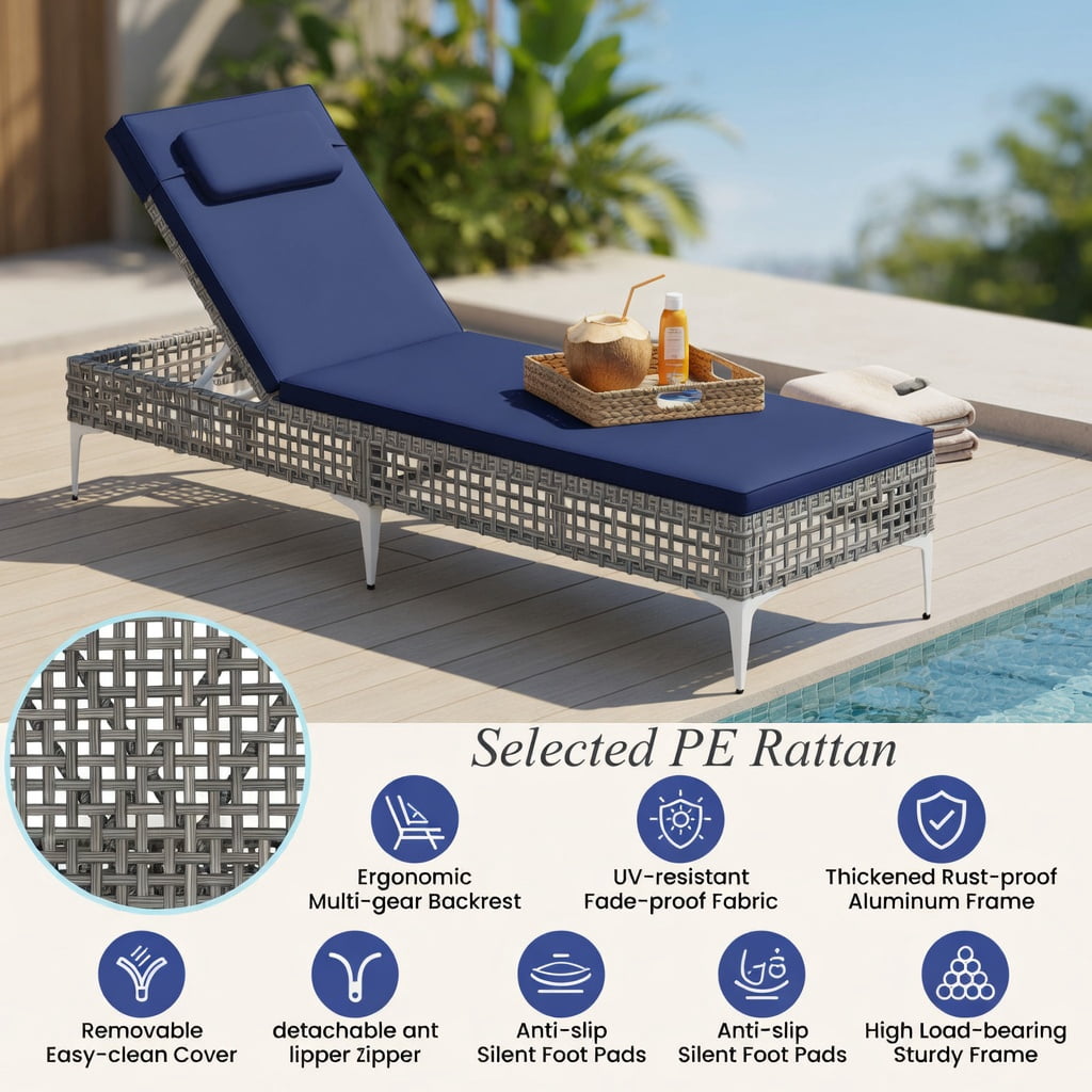 Hommoo Outdoor Chaise Lounge Chair with 6-Position Adjustable Backrest & Headrest, PE Rattan Patio Lounger for Poolside, Backyard, and Garden, Navy Blue