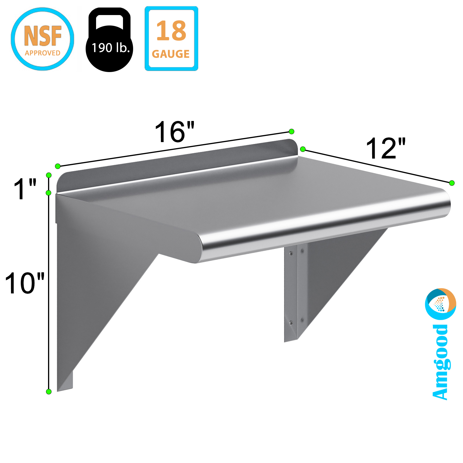 AmGood 12 in. x 16 in. Stainless Steel Wall Shelf | NSF Certified | Appliance & Equipment Metal Shelving | Kitchen, Restaurant, Garage, Laundry, Utility Room