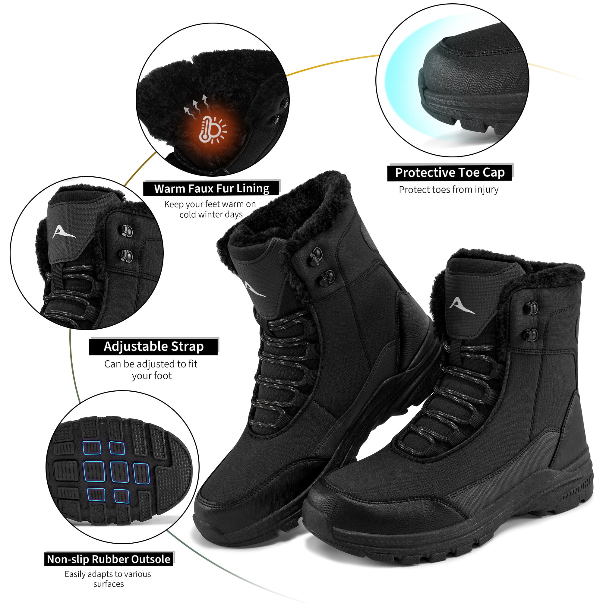 Ecetana Snow Boots for Men Winter Warm Faux Fur Lined Ankle Boots Outdoor Hiking Shoes