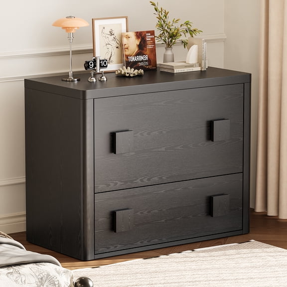 31.5" Black Modern Nightstand with 2 Drawers, Rounded Corner Wooden Bedside Storage Cabinet for Bedroom Living Room