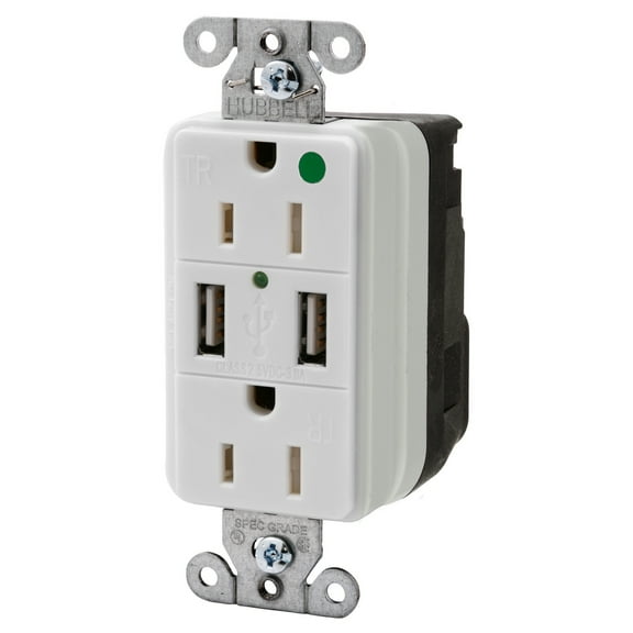 Hubbell SNAP8200USBW White Hospital Grade SNAPConnect 15A TR Receptacle 2.0 USB