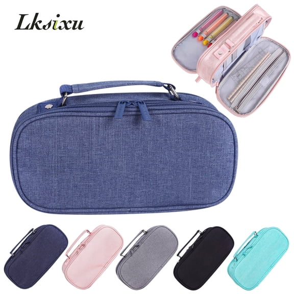 Lksixu Large Capacity Pencil Case, Multi-Slot Pencil Pouch with 3 Compartments and Zipper, Soild Color Aesthetic Stationery Organizer Portable Travel Makeup Bag with Handle for Office College (Blue)