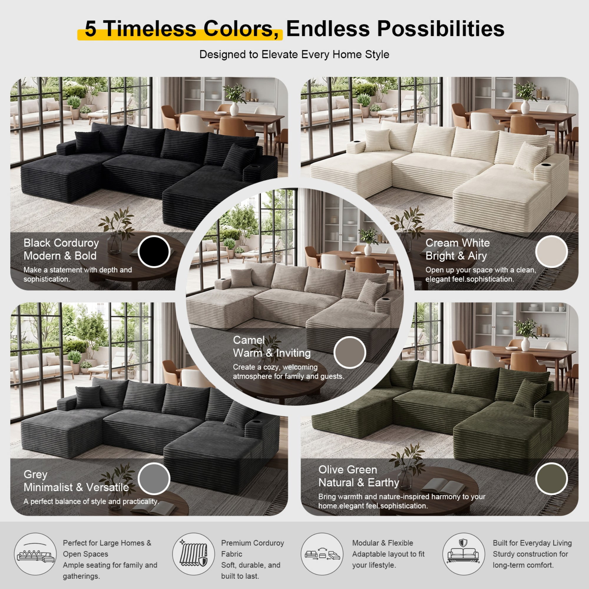DEALTOPS 134" Corduroy U-Shape Modular Cloud Couch, Double Chaise Sectional Sofa with Cup Holders, Black